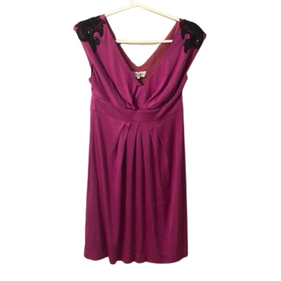 Tibi Dresses & Skirts - TIBI SMALL PINK SILK V NECK DRESS WITH BLACK BEADED SHOULDER APPLIQUES